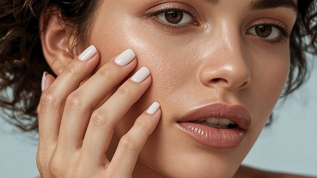 Woman with short milky white gel nails gently touching her cheek, natural makeup and soft lighting.