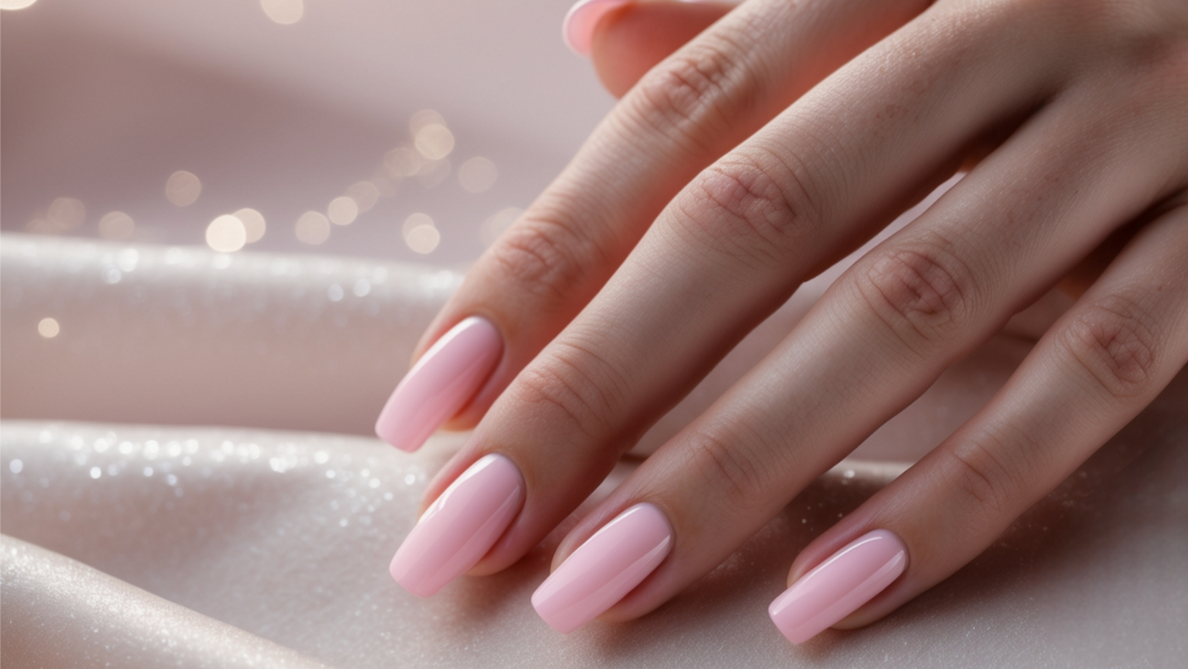 Elegant hand with soft pink manicure resting on a sparkly fabric background, showcasing healthy nails and luxury nail care.