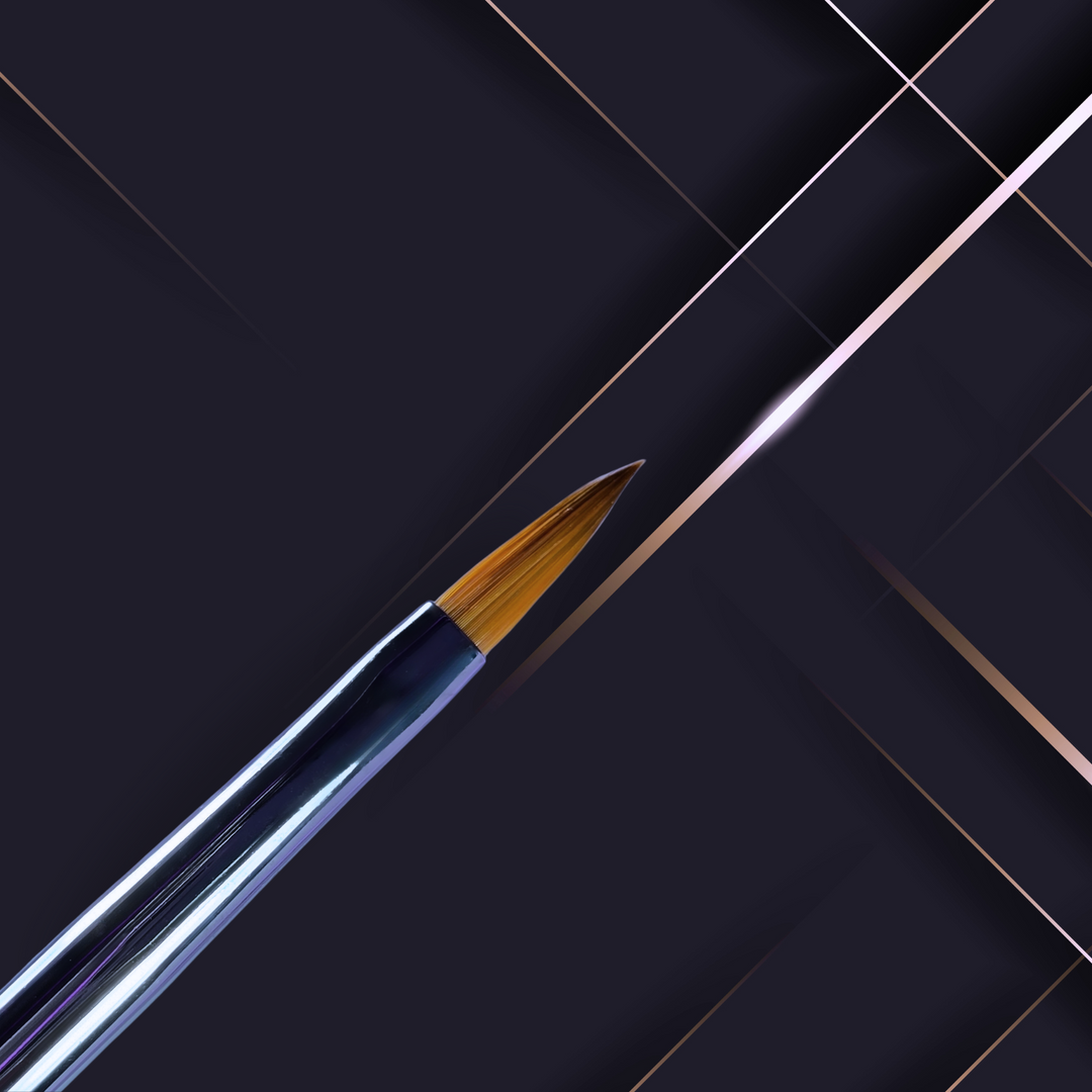 Luxury nail art brush with a fine tip, designed for precision detailing and smooth application. Set against a sleek black background.