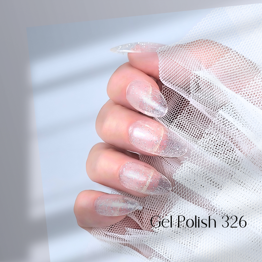 Four nails painted with White Diamond Nails gel polish in Diamond Rain, shade 326, arranged to highlight the clear base densely infused with sparkling silver glitter, creating a bold and radiant effect, set against a minimalist background.