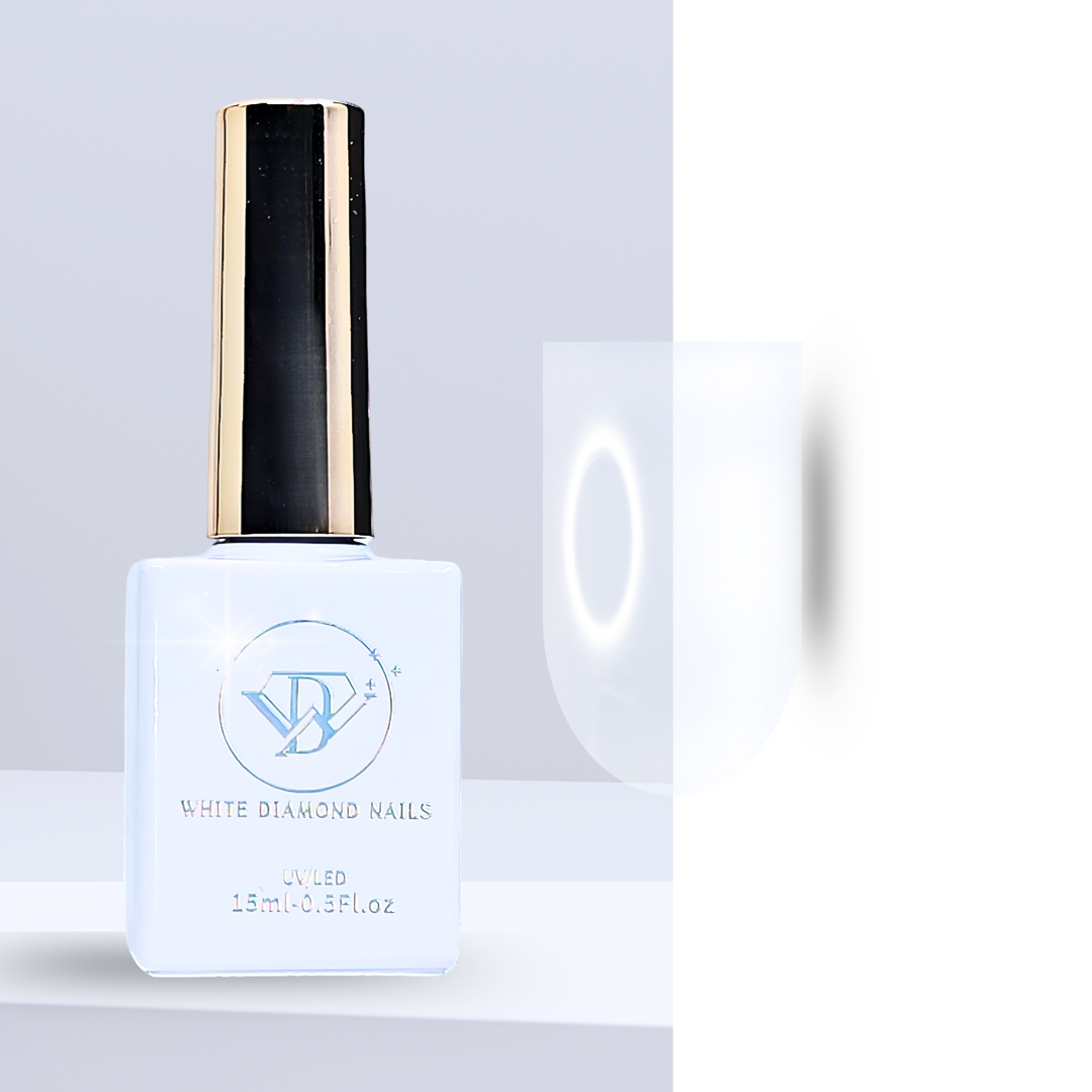A bottle of White Diamond Nails base coat in Crystal Clear, shade 113, featuring a sleek white design with a holographic logo. Displayed next to a nail swatch showcasing a completely transparent, glossy finish, ideal for a smooth base layer, set against a clean, modern background.