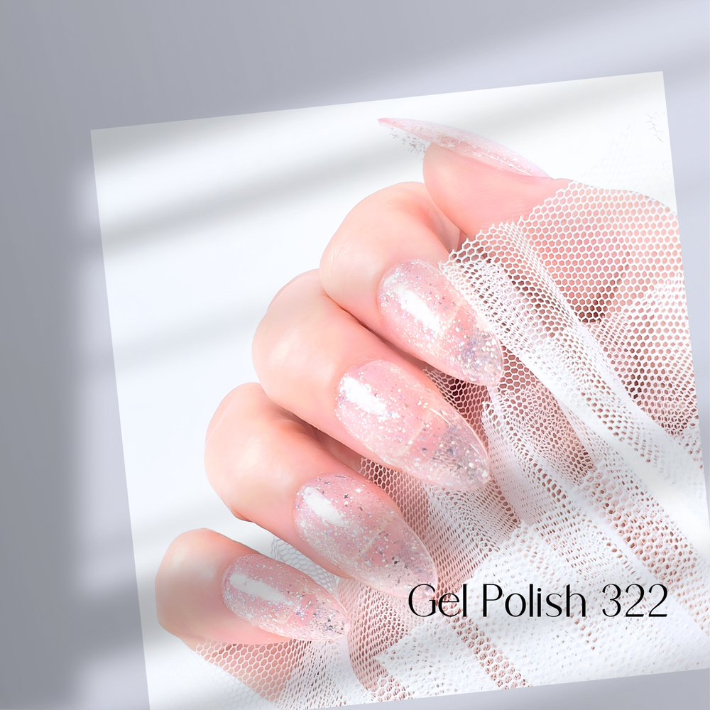 Four nails painted with White Diamond Nails gel polish in Silver Rose, shade 322, arranged to highlight the soft rose color enhanced with shimmering silver glitter, offering a subtle and elegant sparkle, set against a minimalist background.