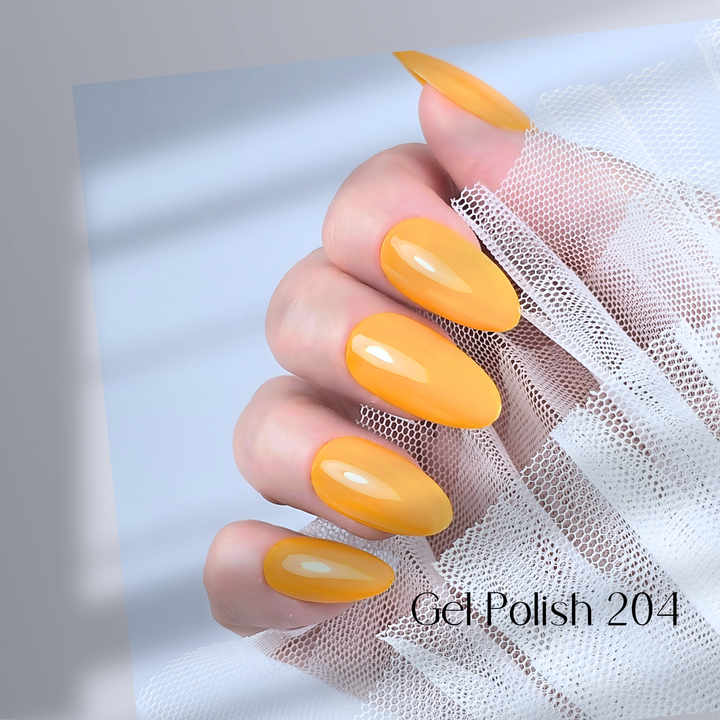 Four nails painted with White Diamond Nails gel polish in Aren't You Glad You Met Me, shade 204, arranged to highlight the bright orangey-yellow color with a smooth, glossy finish, creating a lively and warm look, set against a minimalist background.