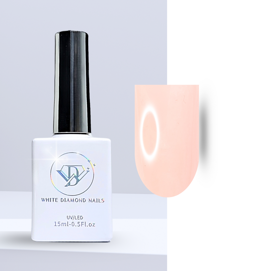 A bottle of White Diamond Nails gel polish in Spring Meadow, shade 171, featuring a sleek white design with a holographic logo. The polish showcases a soft, creamy light orange-pink hue, perfect for a fresh and elegant manicure, set against a clean background.