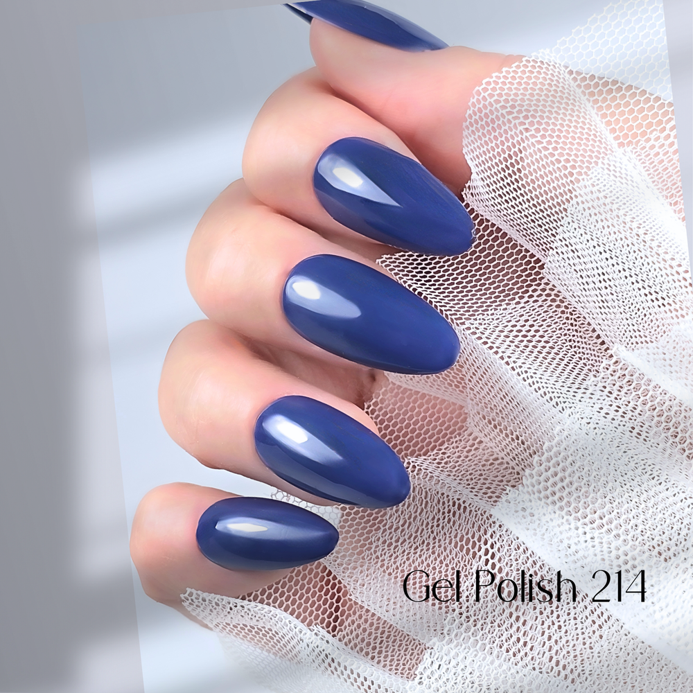 Four nails painted with White Diamond Nails gel polish in Came Out of the Blue, shade 214, arranged to highlight the deep navy blue color with a smooth, glossy finish, creating a striking and elegant look, set against a minimalist background.