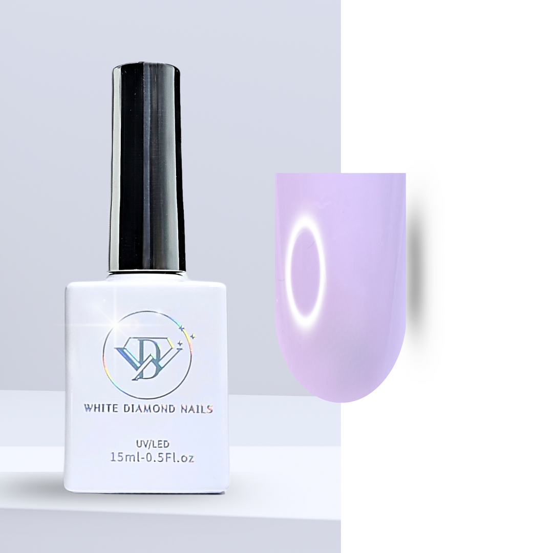 A bottle of White Diamond Nails gel polish in Vibrant Lavender, shade 178, featuring a sleek white design with a holographic logo. The polish showcases a soft, creamy light lavender hue, perfect for a delicate and elegant manicure, set against a clean background.