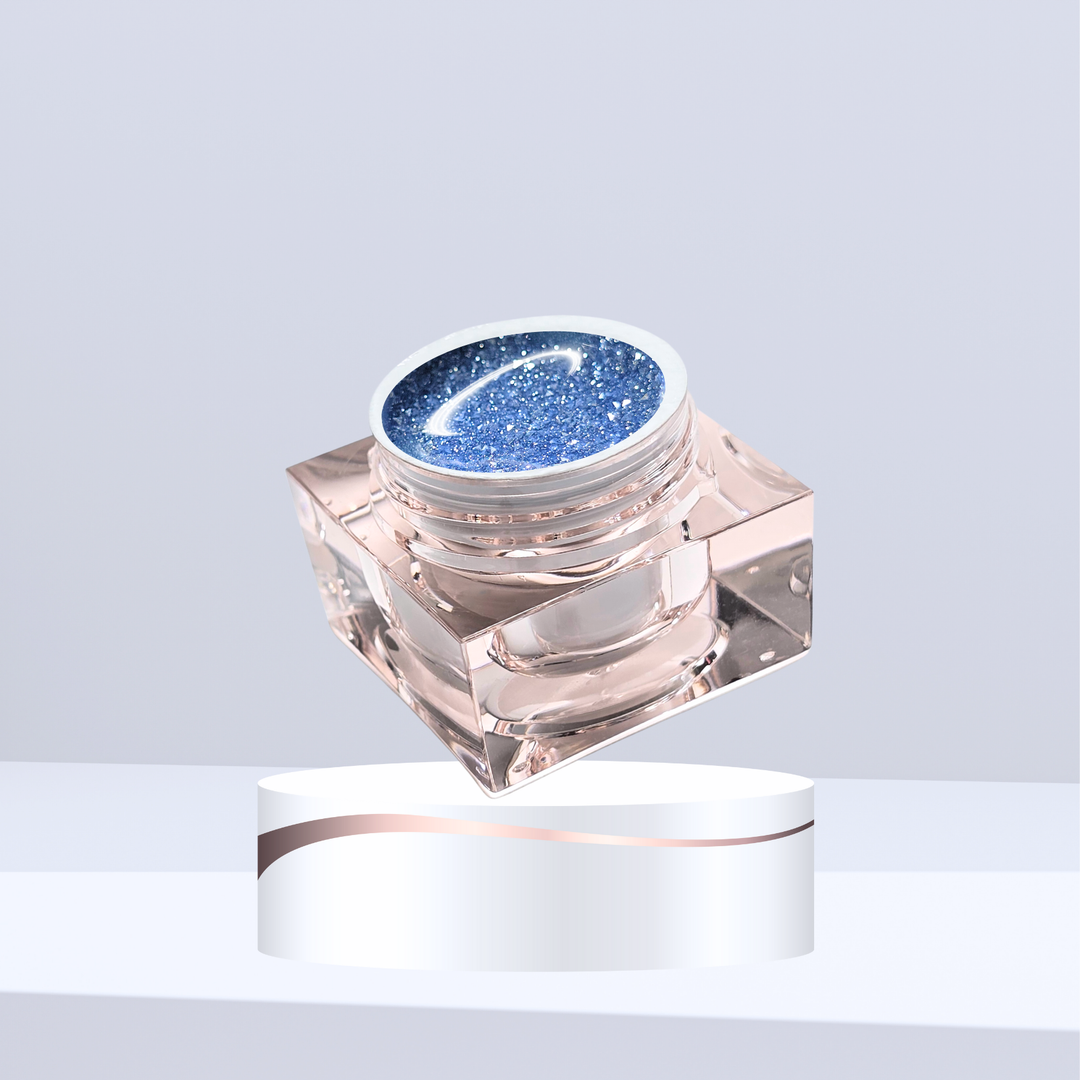 An open crystal jar of White Diamond Nails Diamond Ice gel paint in shade 06 Blue, showcasing a vibrant, shimmering icy blue gel with fine glitter, displayed against a clean, minimalist background.