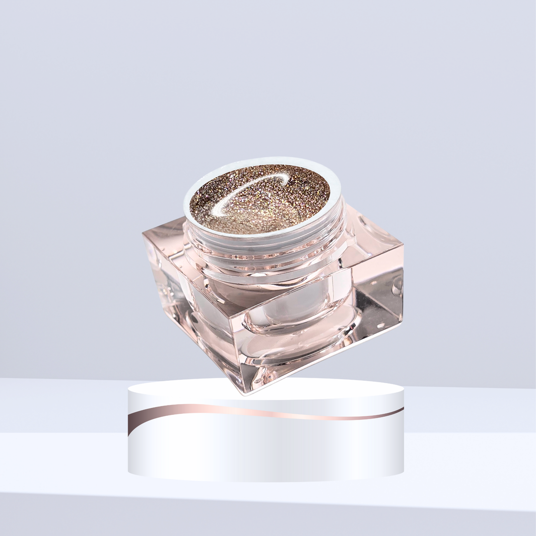 A jar of White Diamond Nails Artiste Series Platinum Fusion Rosy Radiance gel paint, featuring a soft, luminous pink with a delicate shimmer. The gel paint exudes a gentle, radiant glow, perfect for creating elegant, feminine nail art with a touch of sophistication.