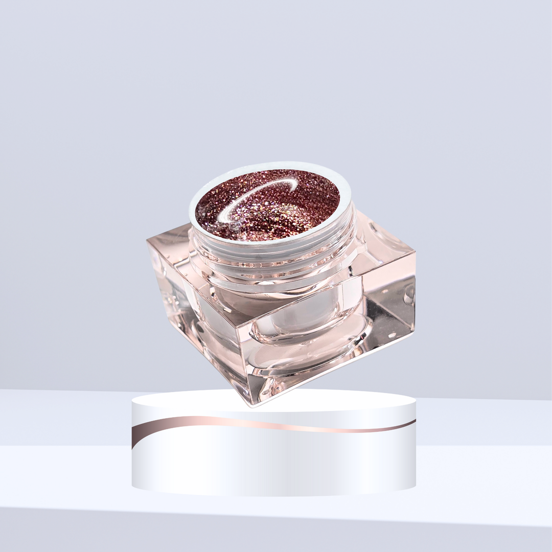 A jar of White Diamond Nails Artiste Series Platinum Fusion Midnight Rose gel paint, presenting a deep, sultry rose hue with a subtle shimmer. This rich and sophisticated color adds a mysterious, romantic touch, ideal for creating bold, elegant nail art designs.