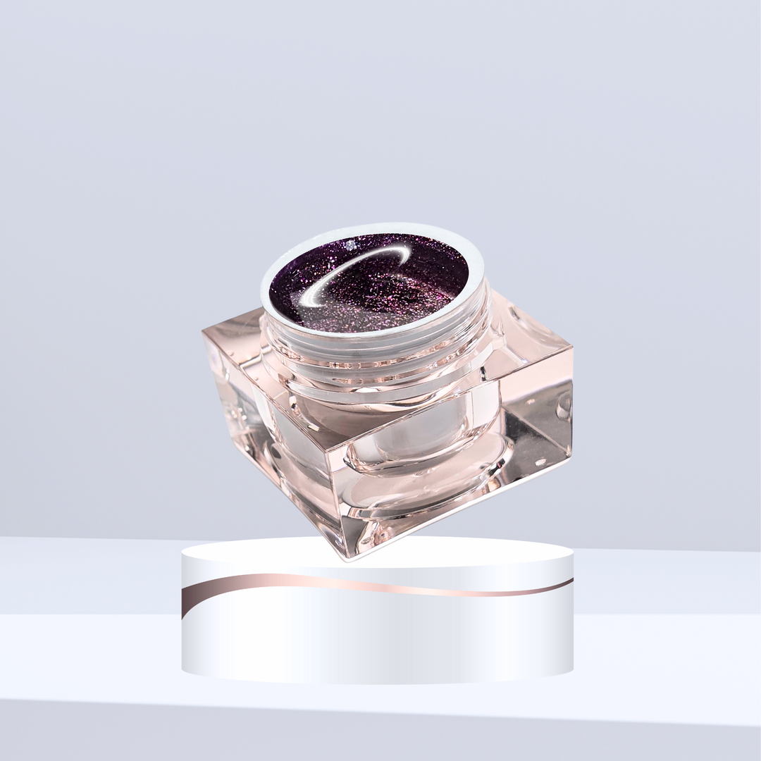 A jar of White Diamond Nails Artiste Series Platinum Fusion Purple Haze gel paint, featuring a dreamy, deep purple with a soft, smoky shimmer. This rich, velvety shade is perfect for creating mystical and elegant nail art designs with a luxurious finish.