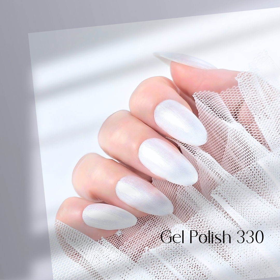 Four nails painted with White Diamond Nails gel polish in Let It Shimmer, shade 330, arranged to display the shimmering white color with a soft, glossy sparkle, creating a delicate and sophisticated effect, set against a minimalist background.