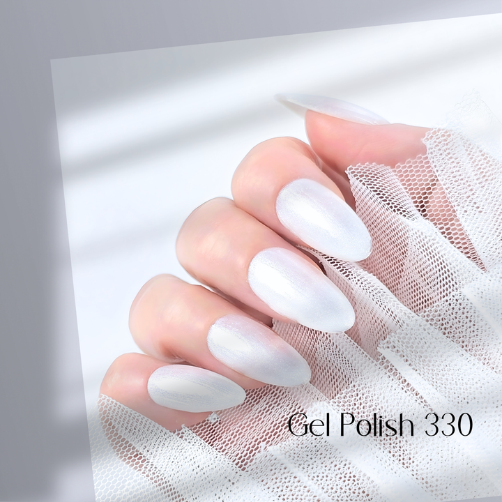 Four nails painted with White Diamond Nails gel polish in Let It Shimmer, shade 330, arranged to display the shimmering white color with a soft, glossy sparkle, creating a delicate and sophisticated effect, set against a minimalist background.