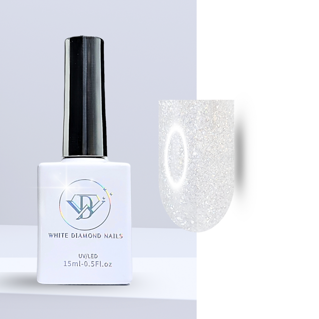 A bottle of White Diamond Nails gel polish in Sooo Pretty, shade 311, featuring a sleek white design with a holographic logo. The polish showcases a sheer white hue with delicate glitter, perfect for a soft and sparkling look, set against a clean background.