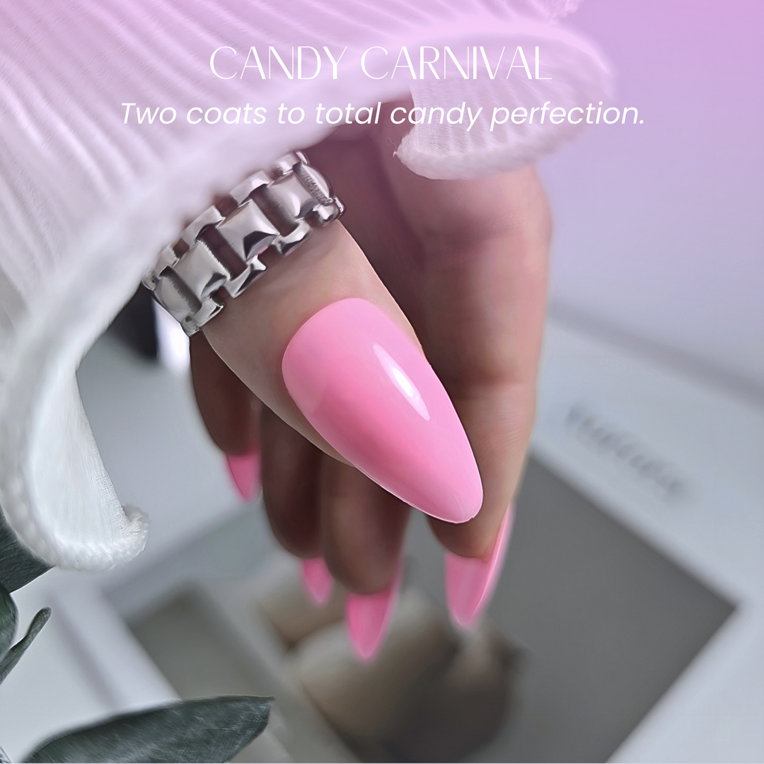 Close-up of thumb with Candy Carnival gel polish and silver chain ring.