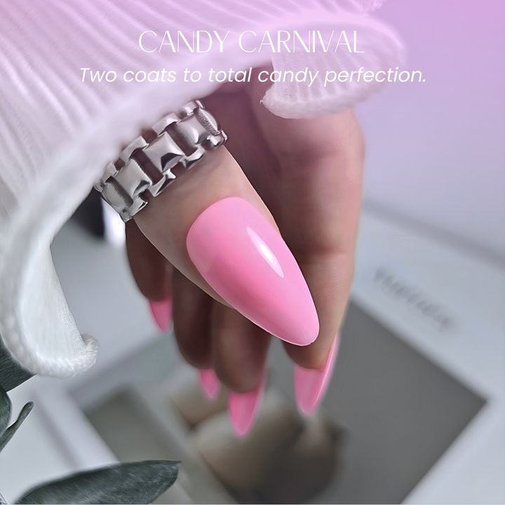 Close-up of thumb with Candy Carnival gel polish and silver chain ring.