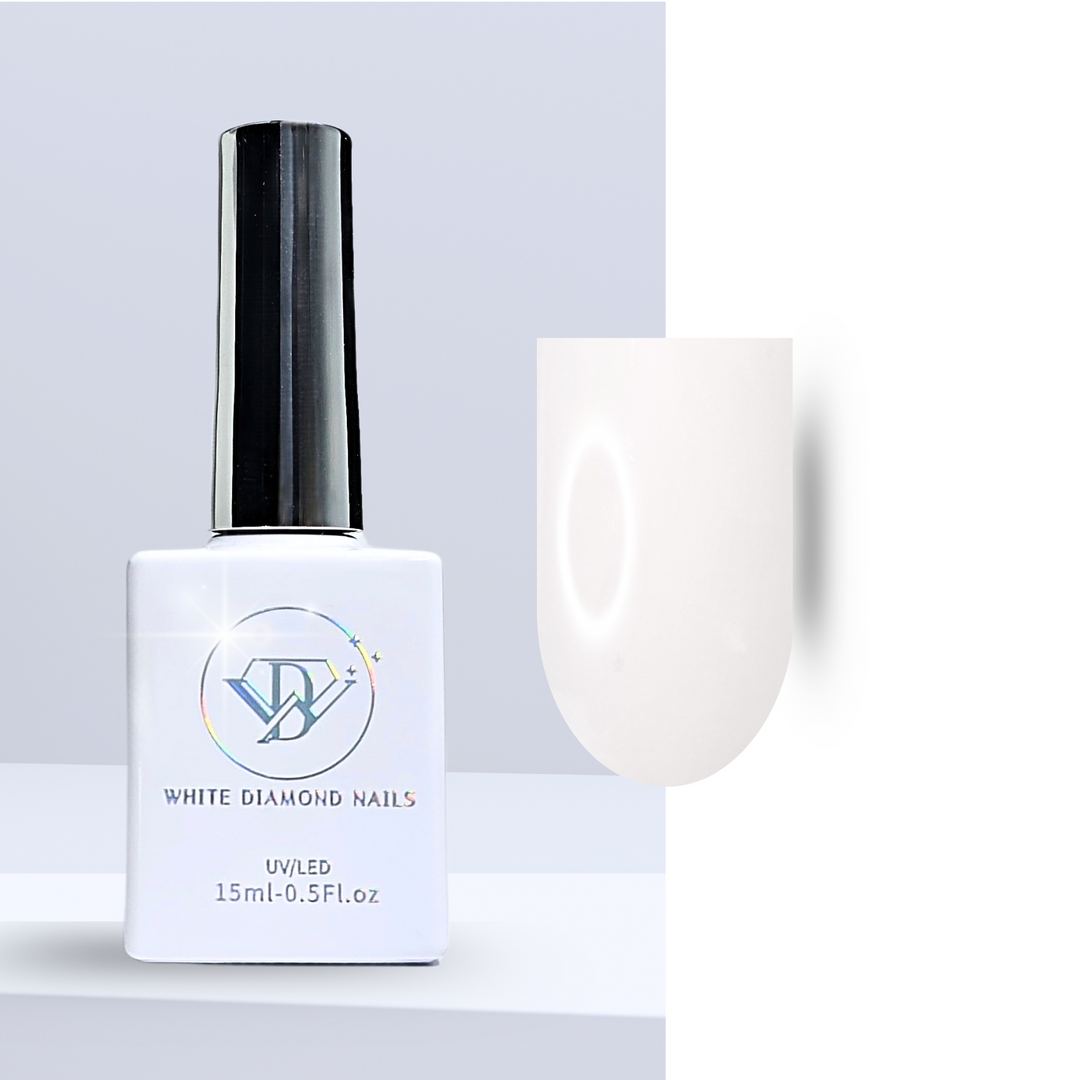 White Diamond Nails bottle with vanilla-toned gel polish swatch.