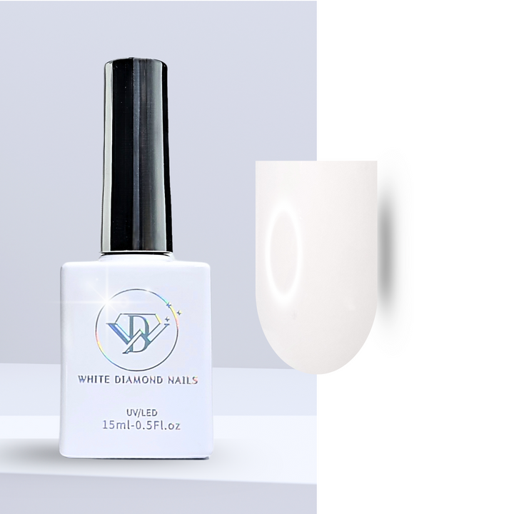 White Diamond Nails bottle with vanilla-toned gel polish swatch.