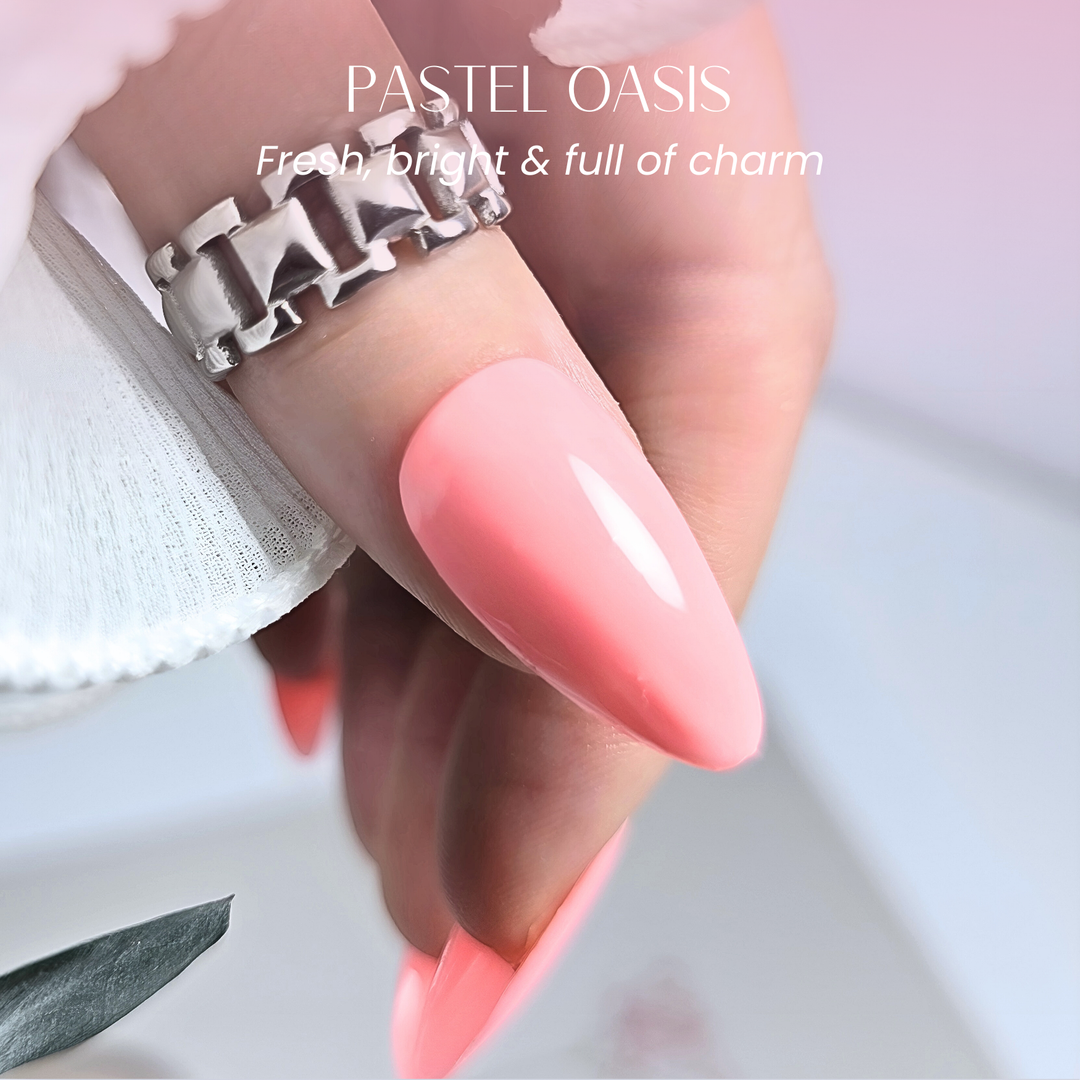 Close-up of thumb with 130 Pastel Oasis gel polish – glossy finish