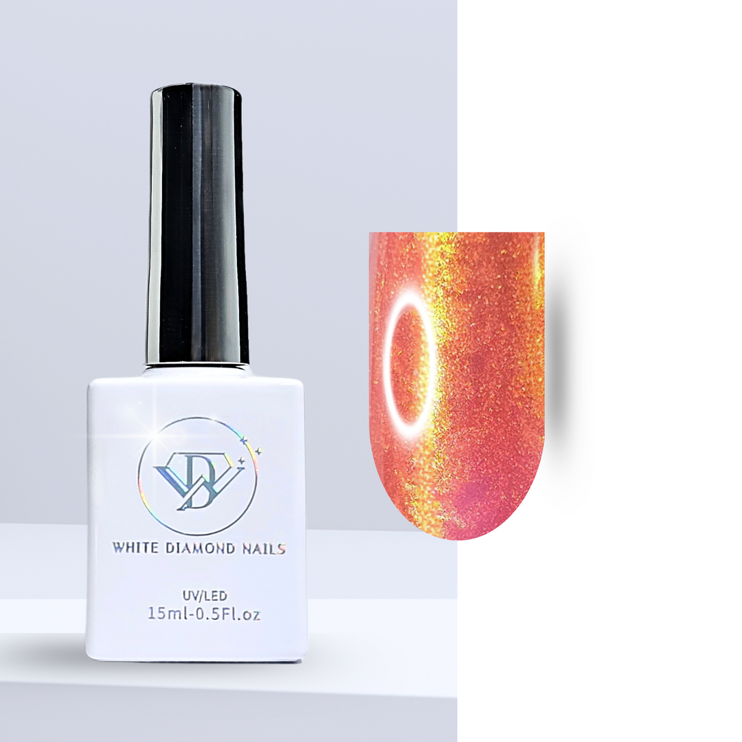 White Diamond Nails Gel Polish 340 Picturesque Sunset bottle with swatch showing golden orange cat eye shimmer finish.