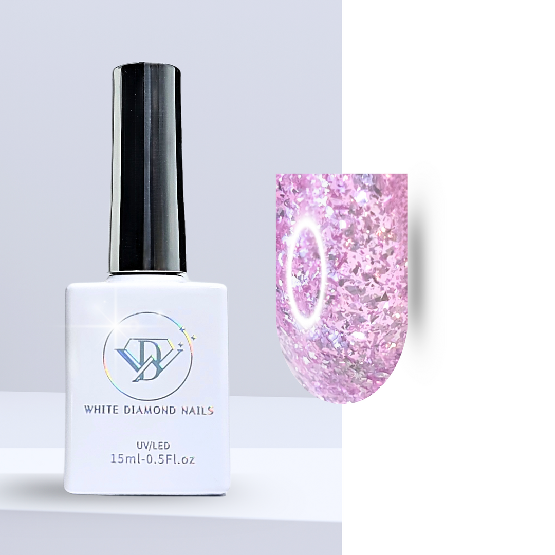 A bottle of White Diamond Nails gel polish in Sparkling Violet, shade 338, featuring a sleek white design with a holographic logo. The polish displays a vibrant violet hue infused with fine glitter for a dazzling effect, set against a clean background.