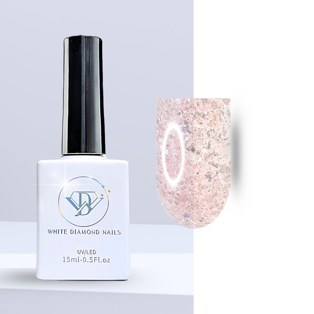 A bottle of White Diamond Nails gel polish in Silver Rose, shade 322, featuring a sleek white design with a holographic logo. The polish showcases a soft rose hue infused with fine silver glitter, creating a delicate and sparkling finish, set against a clean background.