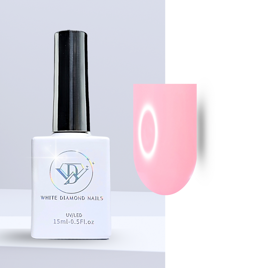 White Diamond Nails 124 Rose Beauty gel polish bottle with soft pink swatch on white background.