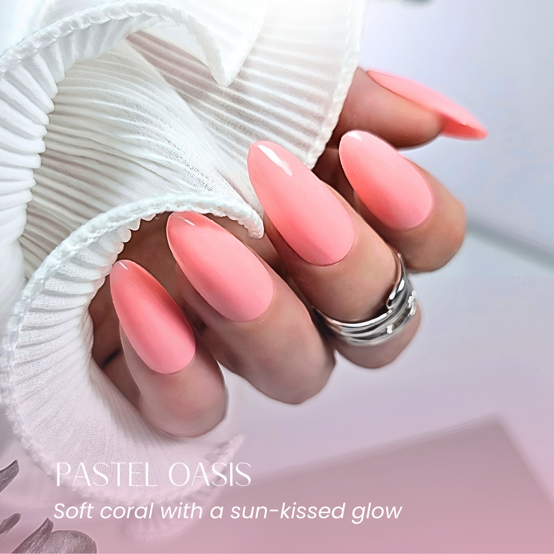 Hand with almond nails in 130 Pastel Oasis gel polish – elegant ring