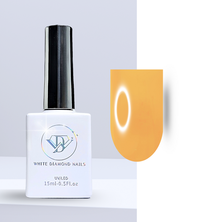 A bottle of White Diamond Nails gel polish in Aren't You Glad You Met Me, shade 204, featuring a sleek white design with a holographic logo. The polish showcases a vibrant orangey-yellow hue with a creamy finish, perfect for a bold and cheerful manicure, set against a clean background.