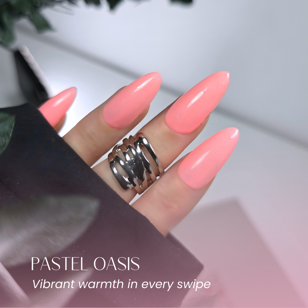 Soft coral gel polish manicure using 130 Pastel Oasis – artistic shot