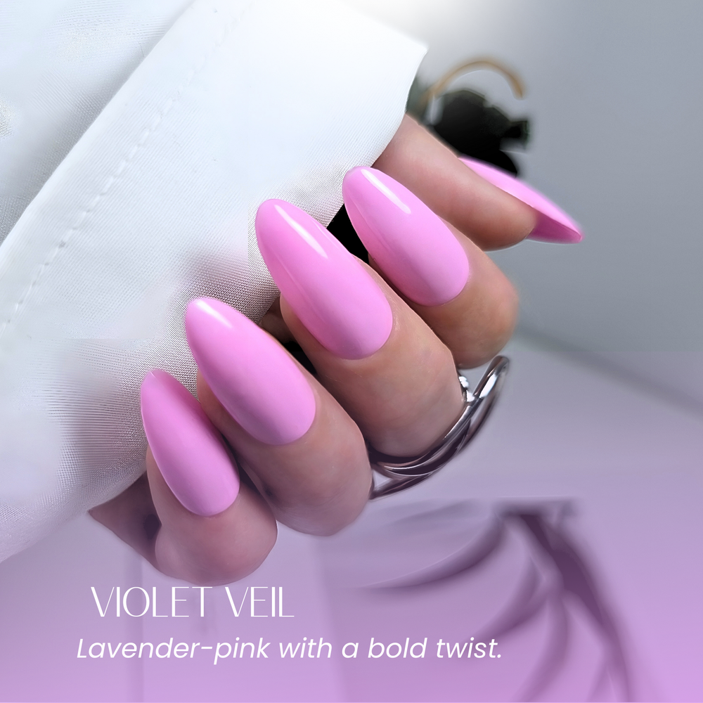 Side view of glossy almond-shaped nails painted with White Diamond Nails 133 Violet Veil gel polish.