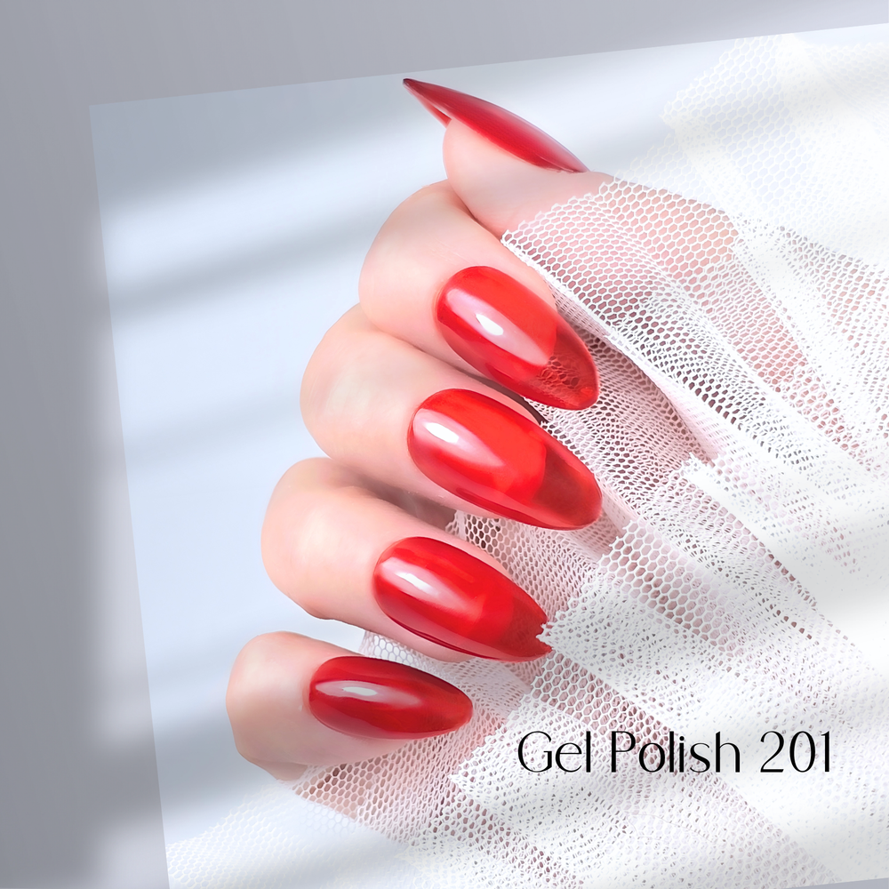Four nails painted with White Diamond Nails gel polish in Confidence Is... Wearing Red, shade 201, arranged to showcase the vibrant, glass-like red color with a glossy, translucent finish, creating a bold and elegant look, set against a minimalist background.