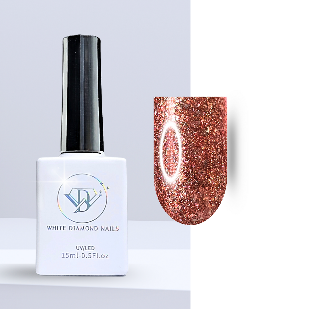 A bottle of White Diamond Nails gel polish in Ginger Thriller, shade 332, featuring a sleek white design with a holographic logo. The polish displays a warm ginger hue infused with fine glitter, creating a sparkling and luxurious finish, set against a clean background.