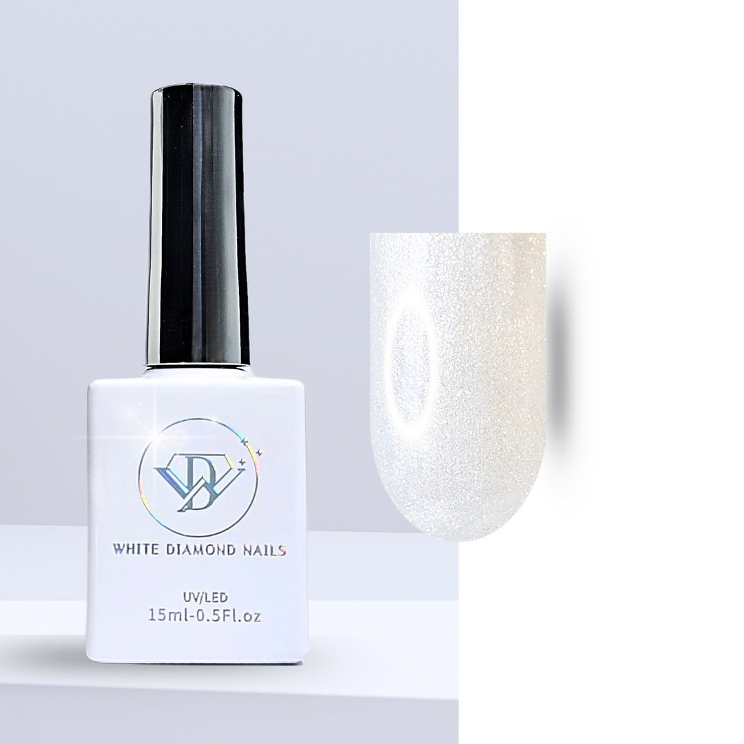 A bottle of White Diamond Nails gel polish in Let It Shimmer, shade 330, featuring a sleek white design with a holographic logo. The polish showcases a shimmering white hue with a luminous, radiant finish, perfect for an elegant and glowing look, set against a clean background.