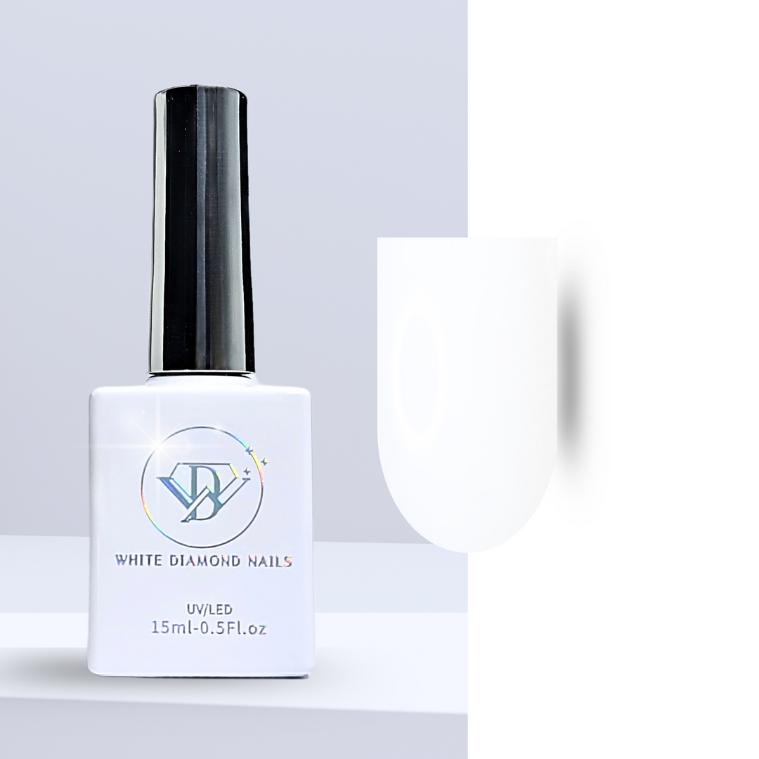 A bottle of White Diamond Nails gel polish in Enchanted Snowfall, shade 101, featuring a sleek white design with a holographic logo. The polish displays a pure white hue with a creamy consistency, perfect for a classic and elegant manicure, set against a clean background.