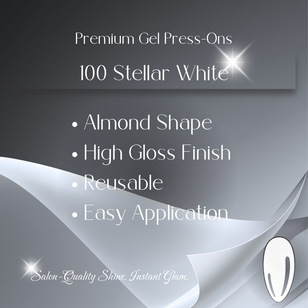 100 Stellar White premium press-on nails features, almond shape, high gloss finish, reusable nails, easy application, salon-quality white nails
