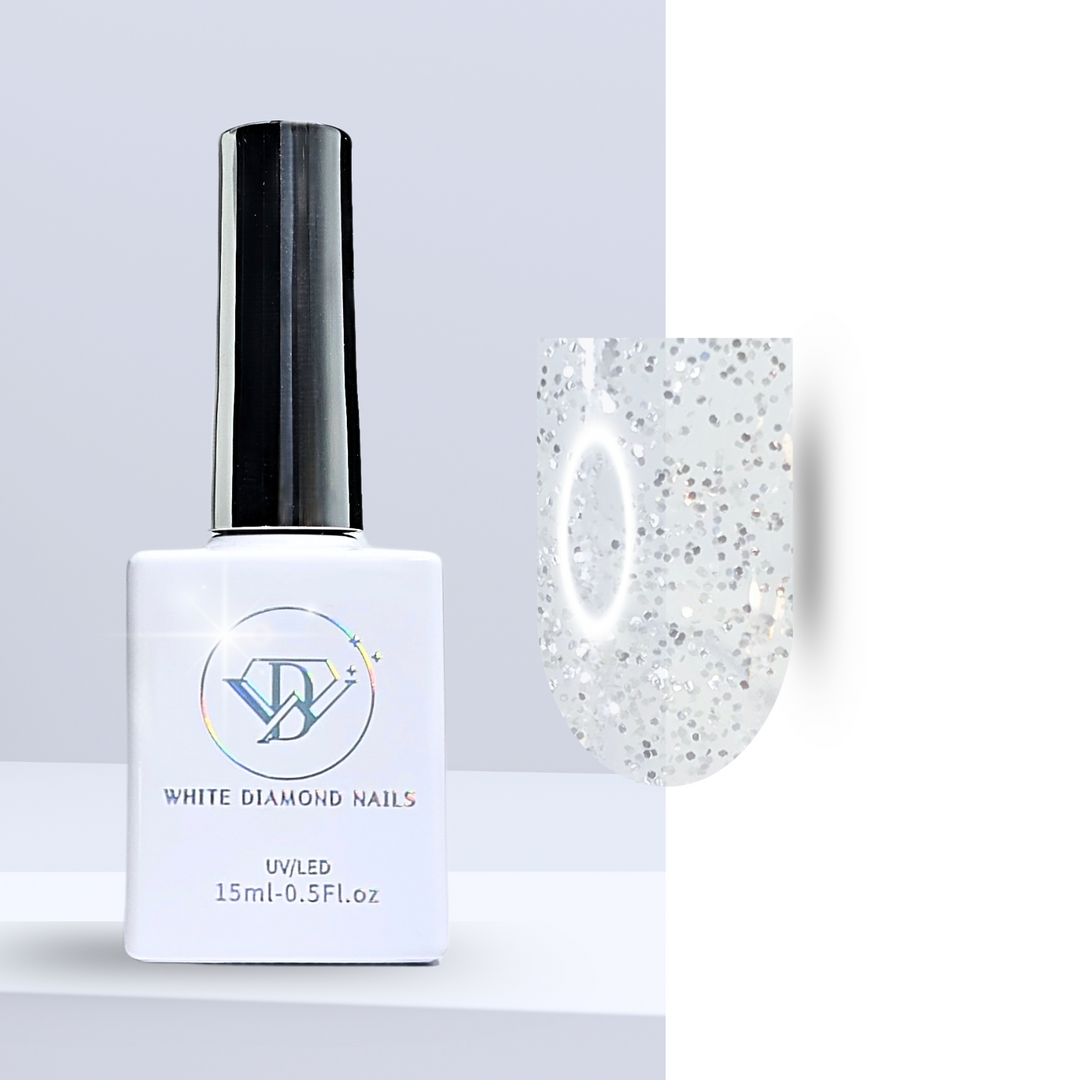 A bottle of White Diamond Nails gel polish in Diamond Rain, shade 326, featuring a sleek white design with a holographic logo. The polish has a clear base packed with shimmering silver glitter, perfect for a dazzling and luxurious manicure, set against a clean background.