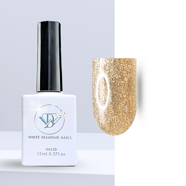 A bottle of White Diamond Nails gel polish in Golden Love, shade 328, featuring a sleek white design with a holographic logo. The polish showcases a rich golden hue with a shimmering finish, perfect for an elegant and luxurious manicure, set against a clean background.