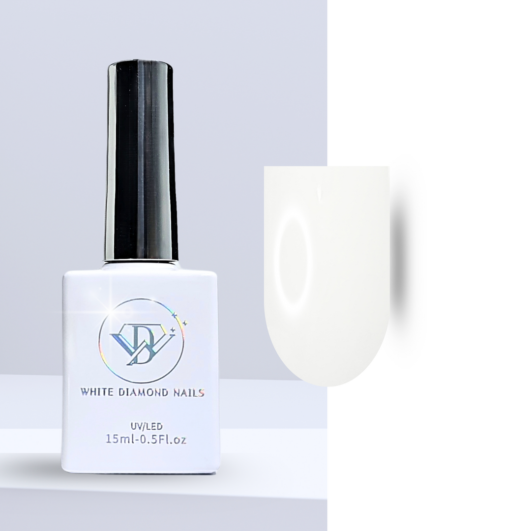 A bottle of White Diamond Nails gel polish in Butterscotch, shade 102, featuring a sleek white design with a holographic logo. The polish showcases a warm, creamy butterscotch hue with a smooth consistency, perfect for a cozy and elegant manicure, set against a clean background.