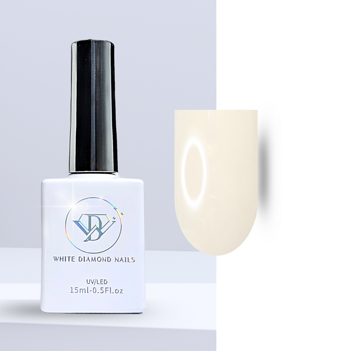 A bottle of White Diamond Nails gel polish in Mellow Yellow, shade 106, featuring a sleek white design with a holographic logo. The polish showcases a soft, creamy pastel yellow, perfect for a cheerful and subtle look, displayed against a clean background.