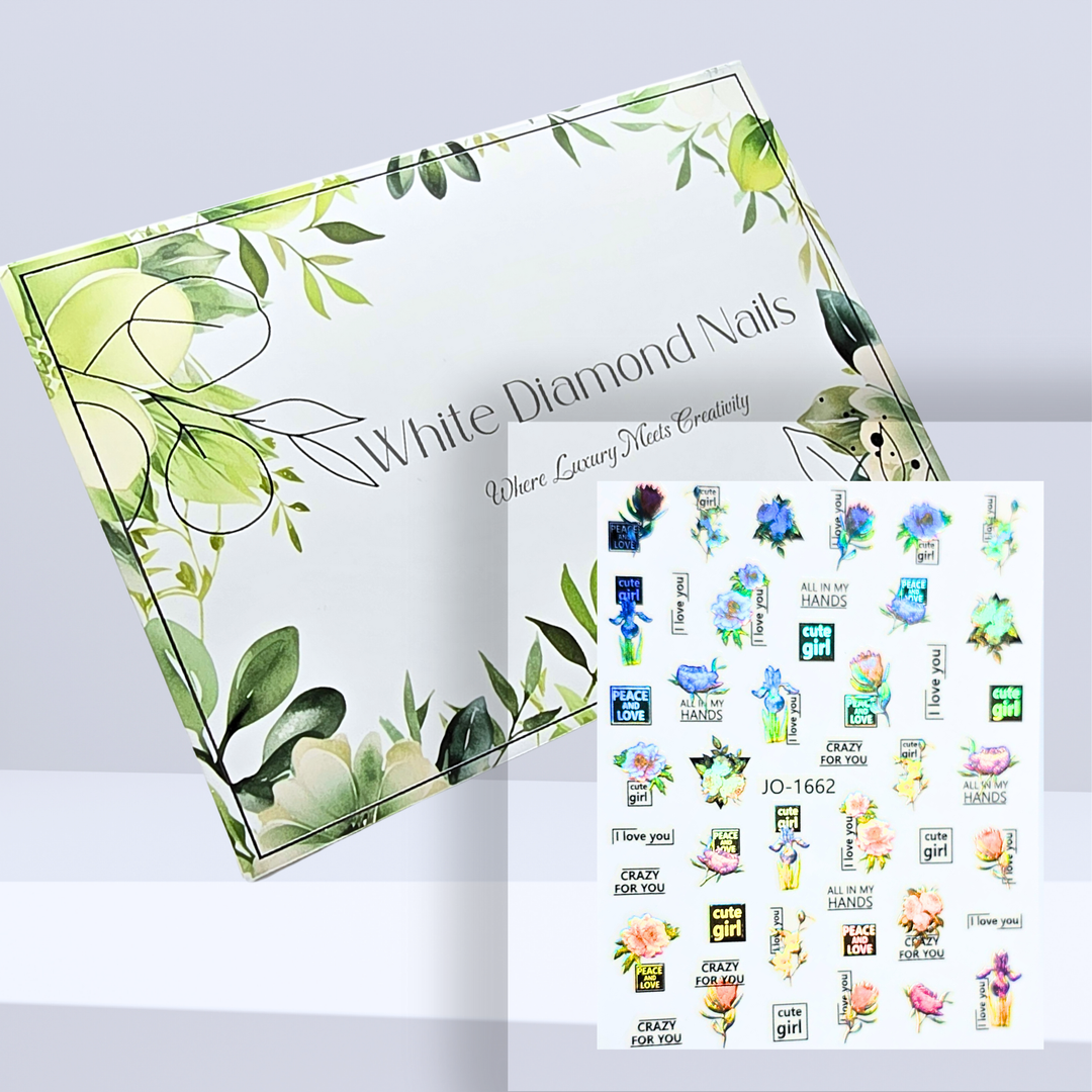 White Diamond Nails premium nail decal set with intricate designs, perfect for effortless nail art application.