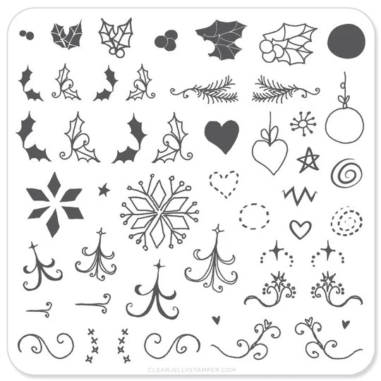 Clear Jelly Stamper CjSC-05 Wonderfully Winter stamping plate in black and white, showcasing intricate snowflakes and holly designs for detailed seasonal nail art.
