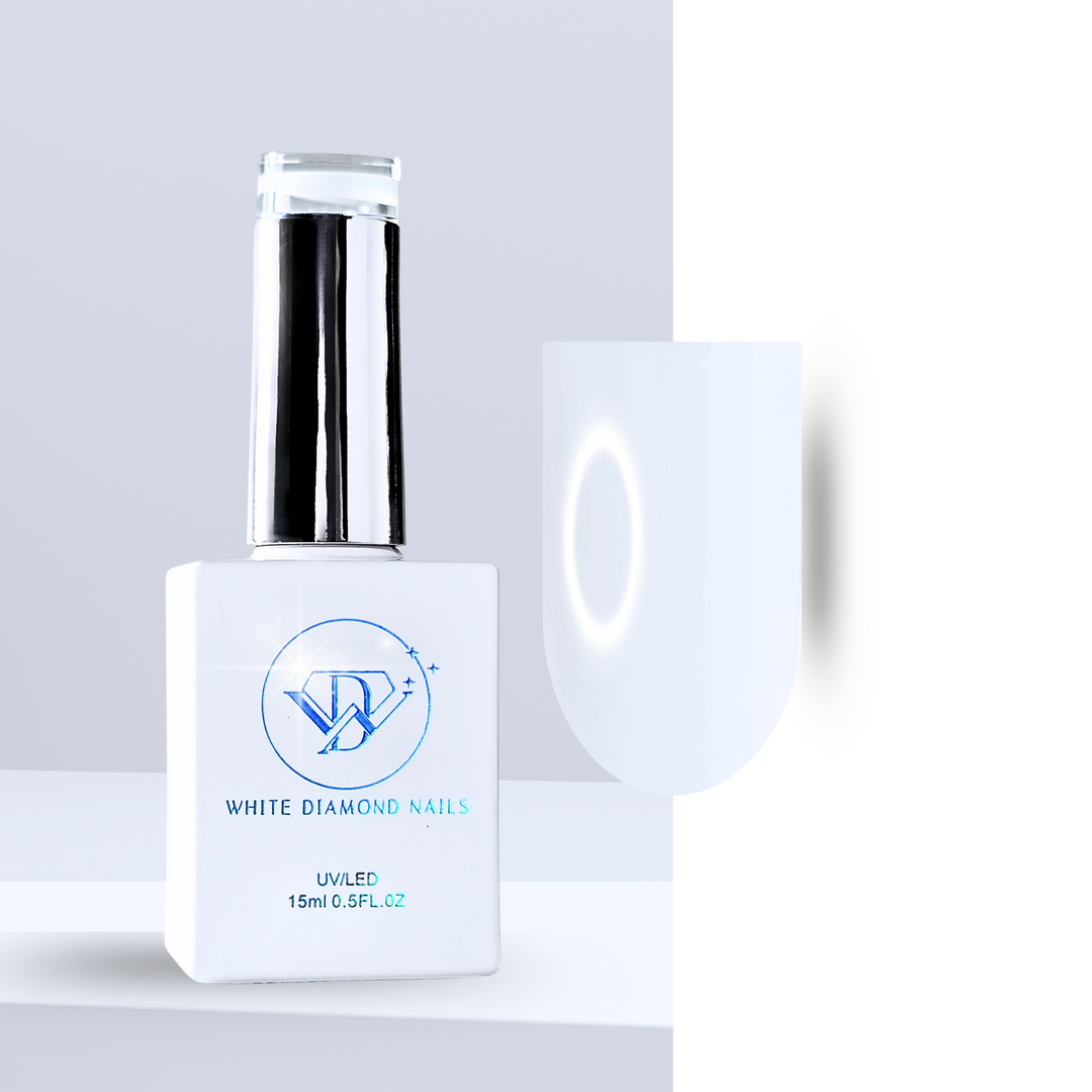 A bottle of White Diamond Nails Milk Frost Color Top Coat, shade 01, featuring a sleek white design with a holographic logo. Displayed next to a nail swatch showcasing a milky white, semi-translucent finish with a subtle frosty effect, set against a clean, modern background.