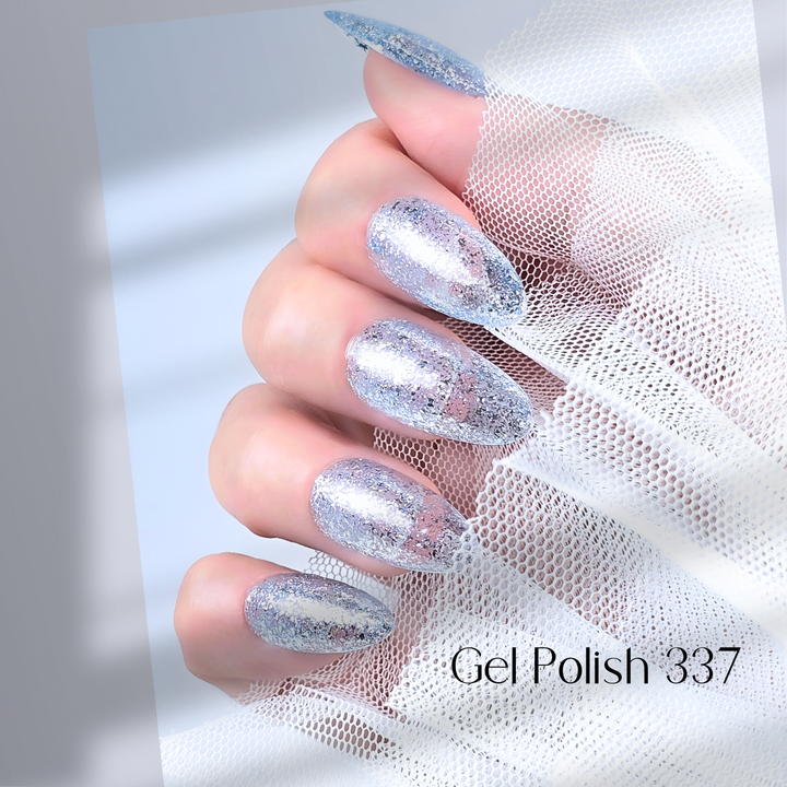 Four nails painted with White Diamond Nails gel polish in Dazzling Skylight, shade 337, arranged to highlight the sparkling light blue color with a smooth, glossy finish, creating a dazzling and elegant look, set against a minimalist background.