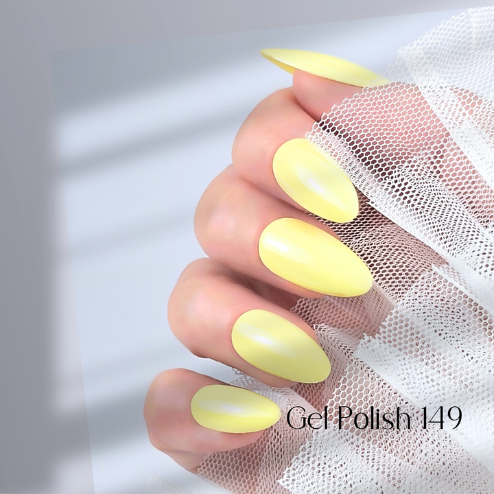 Four nails painted with White Diamond Nails gel polish in Lemonade Stand, shade 149, arranged to highlight the creamy light yellow color with a smooth, glossy finish, creating a bright and elegant look, set against a minimalist background.