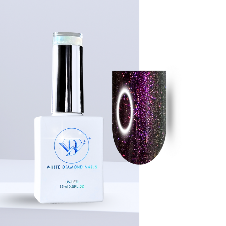 A sleek white bottle of White Diamond Nails SHIMMER TOP 01 Aurora Gleam, featuring a shimmering, iridescent color swatch on the cap. An inset close-up showcases the top coat’s effect over black polish, revealing a mesmerizing blend of violet, pink, and gold shimmer with a reflective glow. The elegant packaging and vibrant sparkle make this top coat a standout.