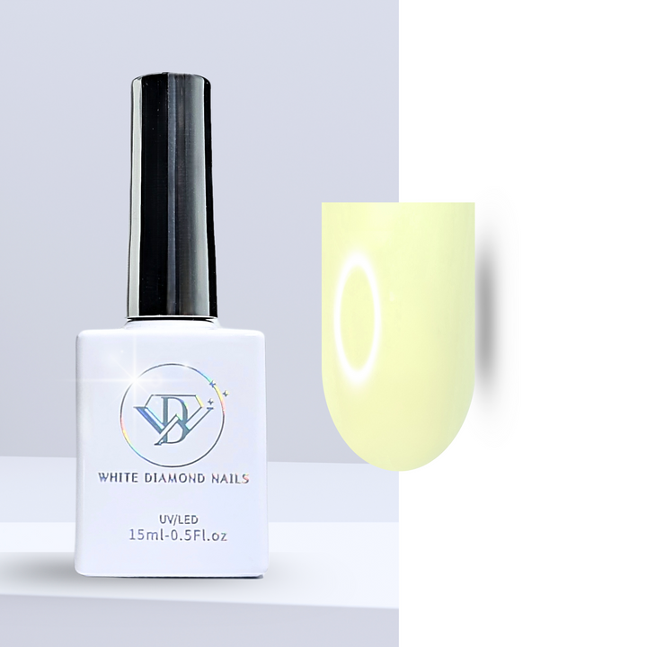 A bottle of White Diamond Nails gel polish in Lemonade Stand, shade 149, featuring a sleek white design with a holographic logo. The polish showcases a soft, creamy light yellow hue, perfect for a fresh and cheerful manicure, set against a clean background.