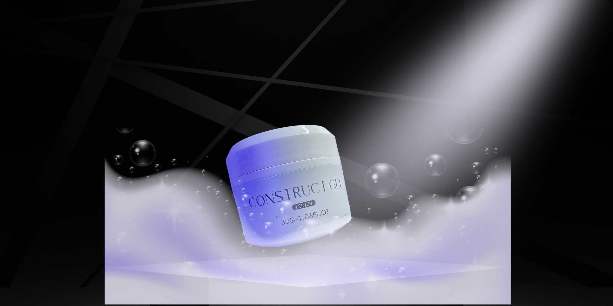 Banner showcasing a jar of White Diamond Nails Construct Gel, with a smooth, creamy texture ideal for nail enhancements and perfect shaping. The jar is elegantly designed, highlighting the premium quality of the gel product for professional nail applications.