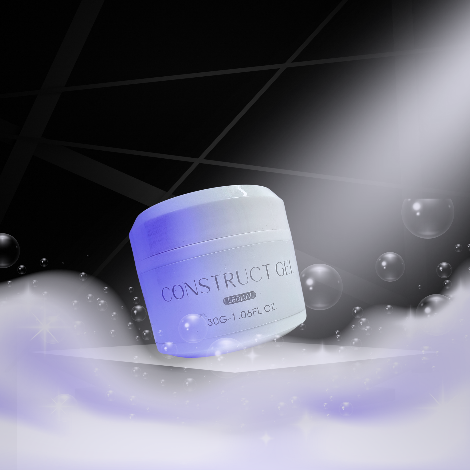 Mobile banner featuring a jar of White Diamond Nails Construct Gel, displaying its rich, smooth consistency, perfect for flawless nail sculpting. The sleek jar design emphasizes the professional quality of the gel, ideal for precise nail enhancements.