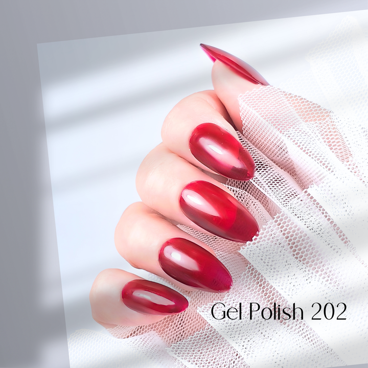 Four nails painted with White Diamond Nails gel polish in Old Flame, shade 202, arranged to highlight the vibrant, glass-like red-orange color with a smooth, glossy finish, creating a striking and energetic look, set against a minimalist background.