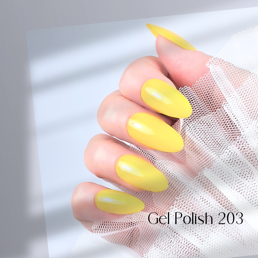 Four nails painted with White Diamond Nails gel polish in In the Bright Sunlight, shade 203, arranged to highlight the bright yellow color with a smooth, glossy finish, creating a lively and cheerful look, set against a minimalist background.